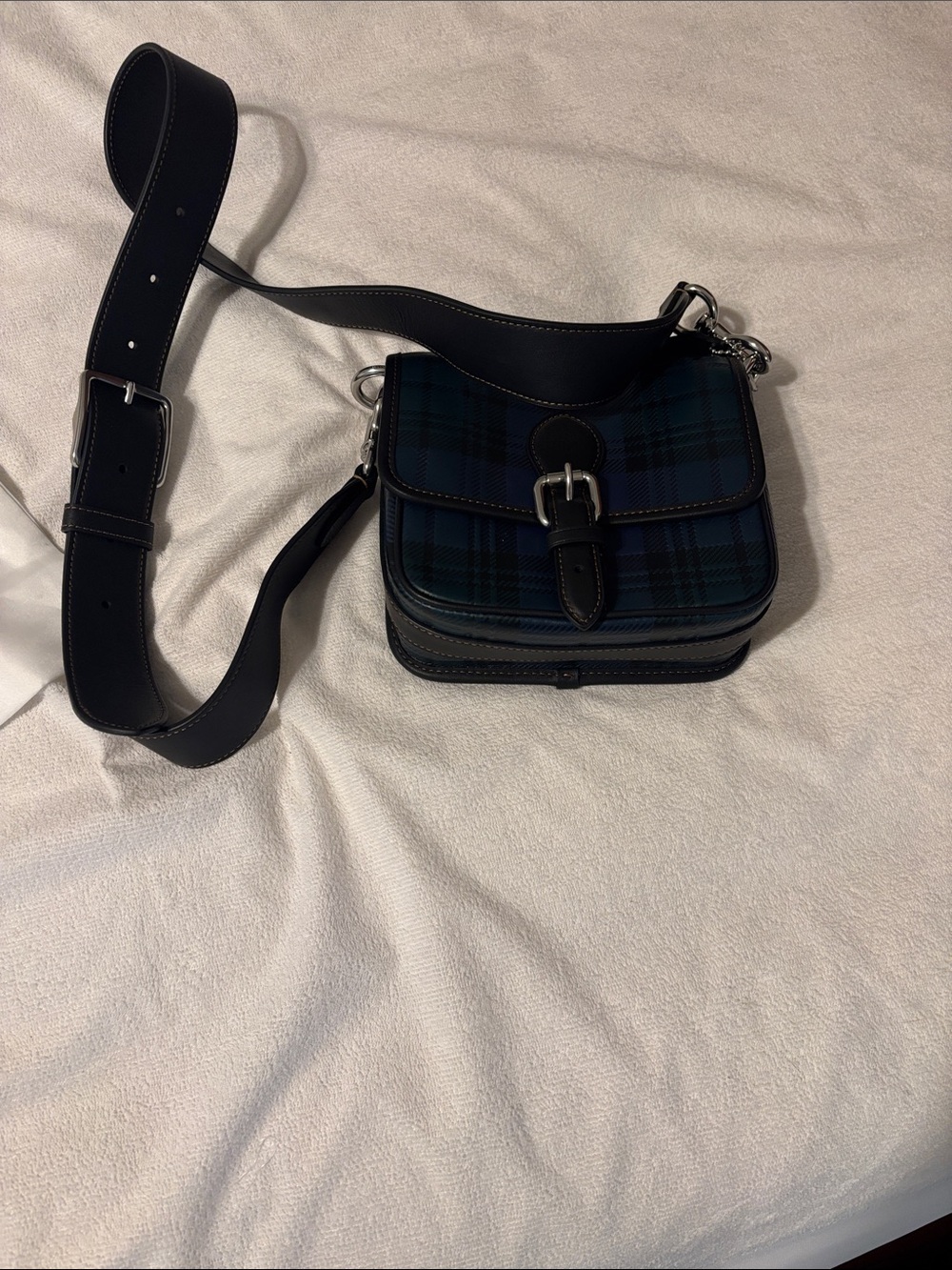 Black & Blue Plaid Crossbody Bag with Buckle Strap